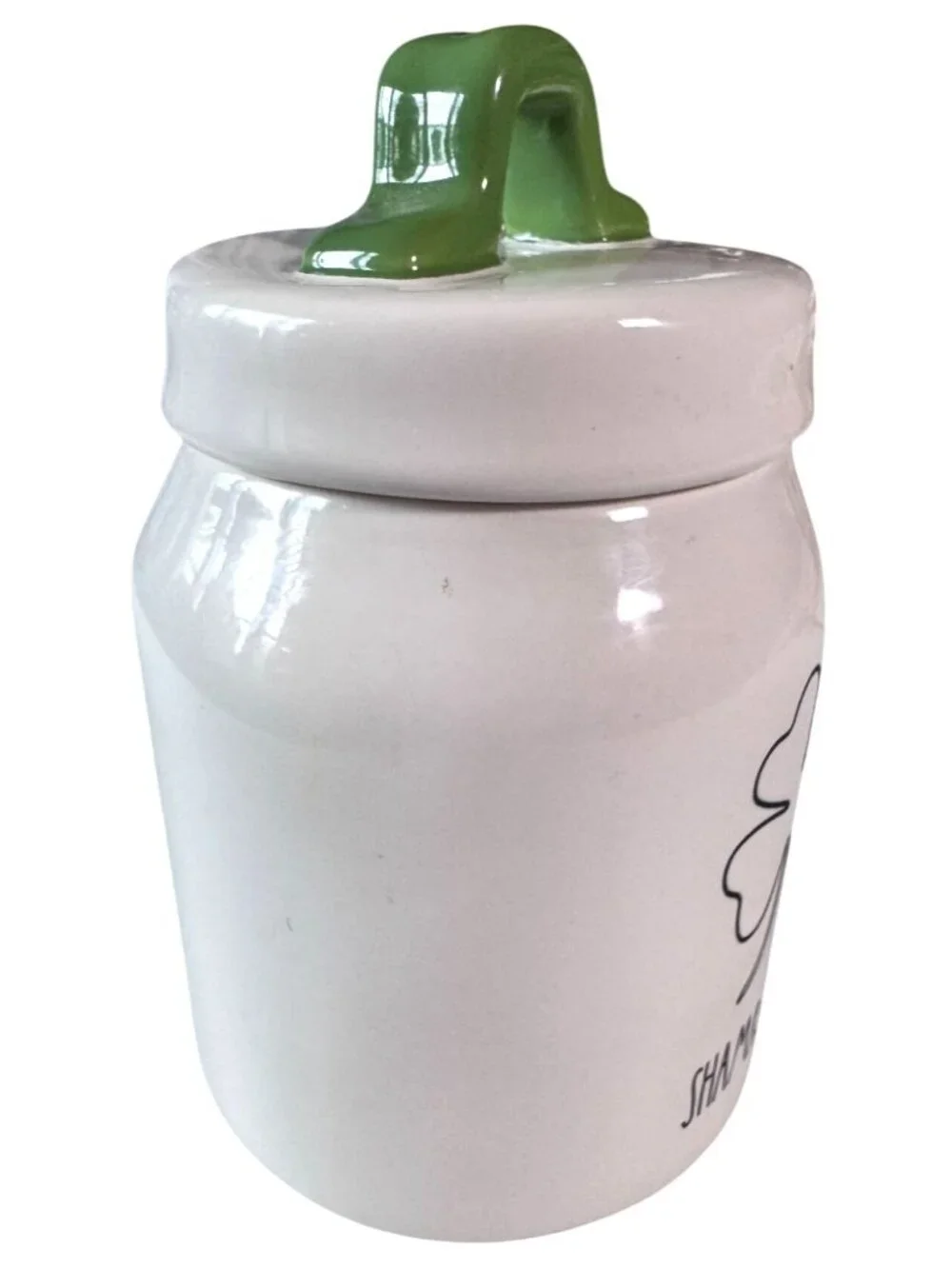 Rae Dunn Shamrocks Ceramic Jar With Lid Green Top White Body Artisan Collection